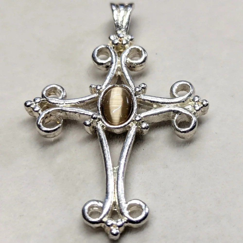 New‎ Filigree Cross Pendant Silver Tone Cats Eye Ornate Charm Religious Jewelry